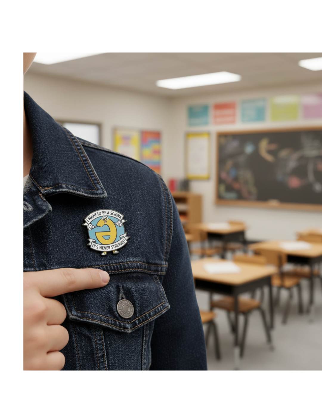 Person wearing a denim jacket with a badge in a classroom setting