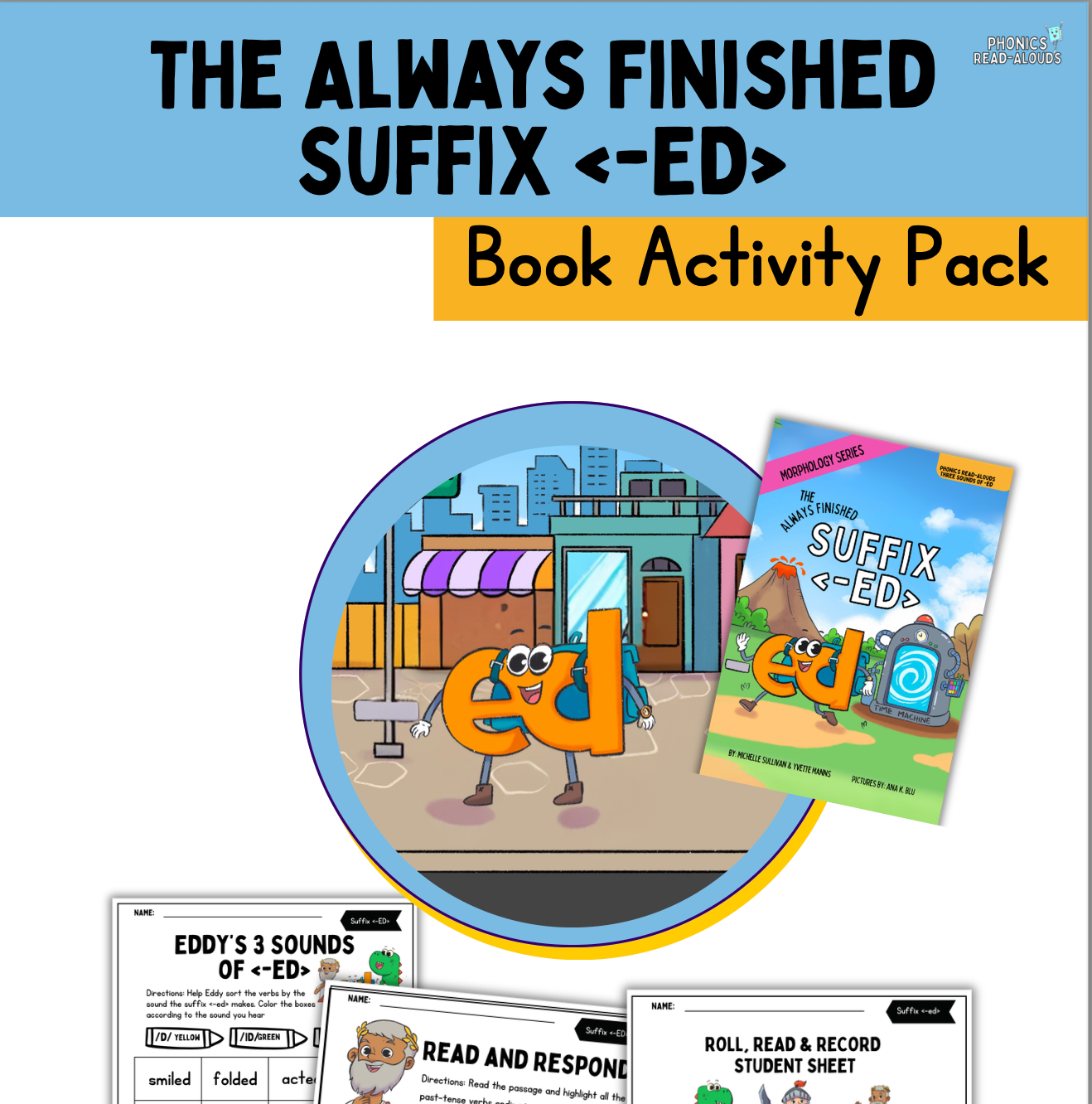 Book activity pack for teaching suffix '-ed' with cartoon character and educational materials.