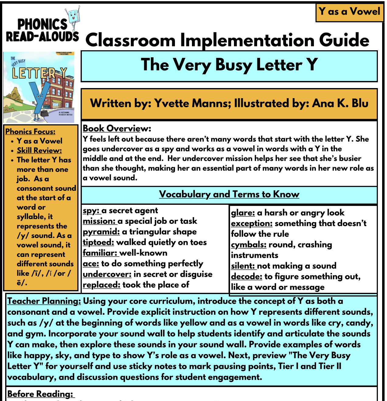 Guide for Teaching about Y as a Vowel