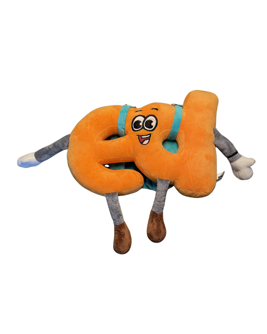 Plush toy shaped like a letter 'Ed' with a face on a white background