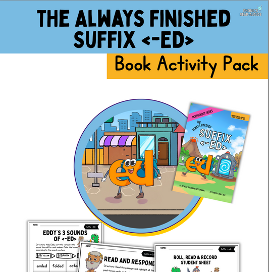 Book activity pack for teaching suffix '-ed' with cartoon character and educational materials.