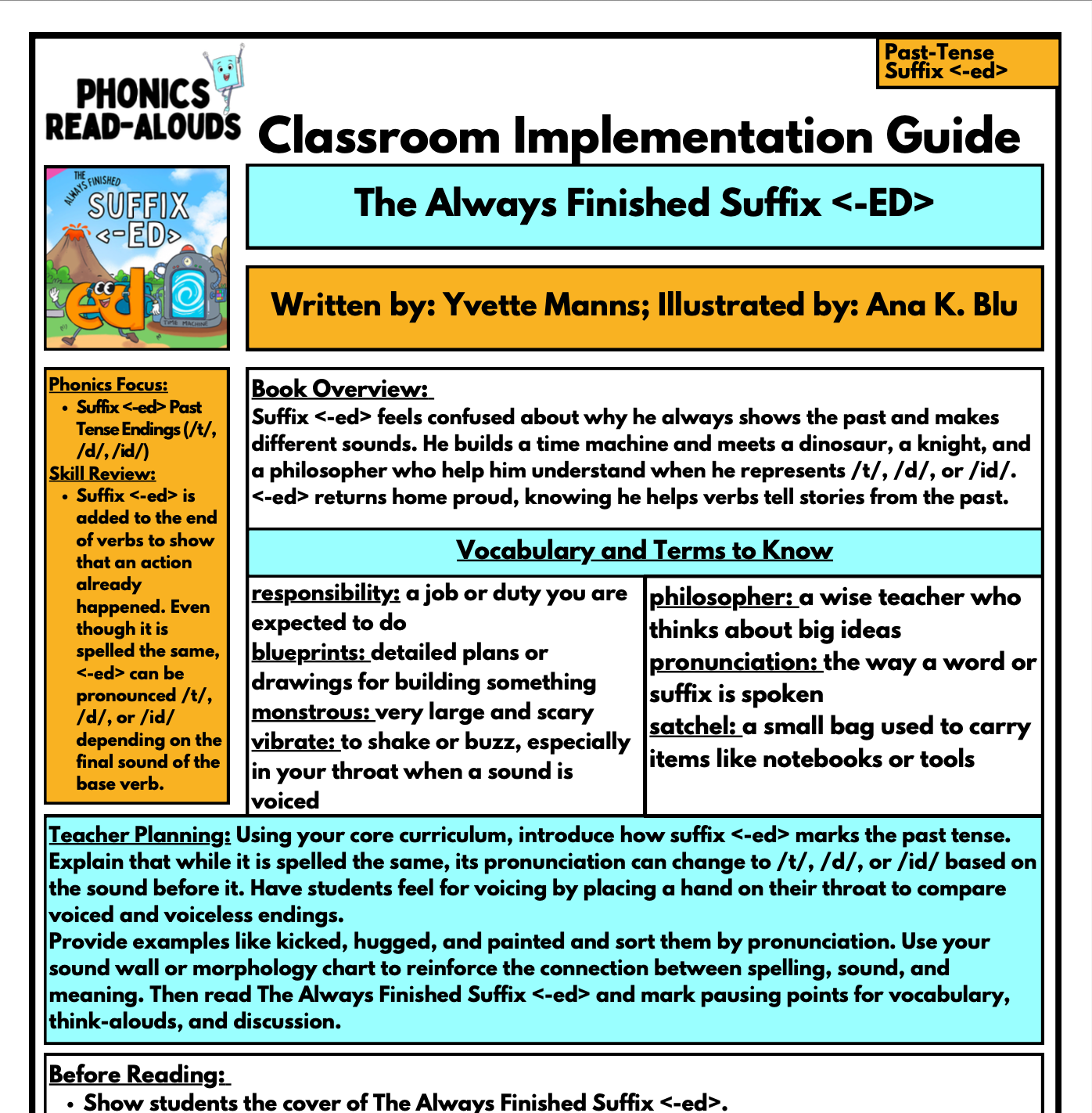 Classroom Implementation Guide for a phonics book titled 'The Always Finished Suffix <-ED>' by Yvette Manns and illustrated by Ana K. Blu.