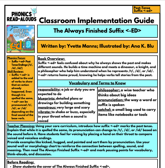 Classroom Implementation Guide for a phonics book titled 'The Always Finished Suffix <-ED>' by Yvette Manns and illustrated by Ana K. Blu.