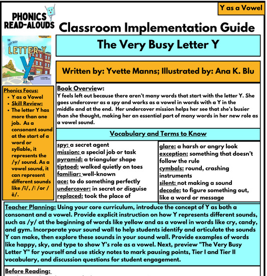 Guide for Teaching about Y as a Vowel